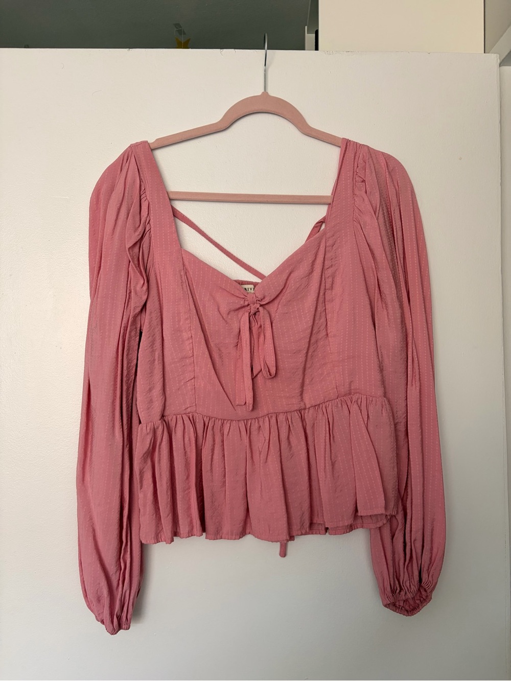 Pink Peasant Long-Sleeve Peplum Tie-Front Top